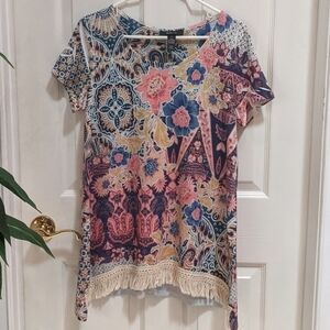 Style & Co Floral Tunic with Fringe Trim Size Med